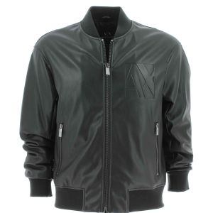 Armani Exchange Giacca Bomber Uomo in Ecopelle Nera con Maxi Logo AX